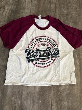 Barbells & Ponytails White and Burgundy Raglan Crop Top
